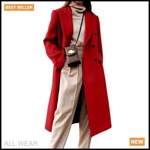 Wool Blend Trench Coat Double Breasted Peacoat Classic Elegant Winter Outerwear